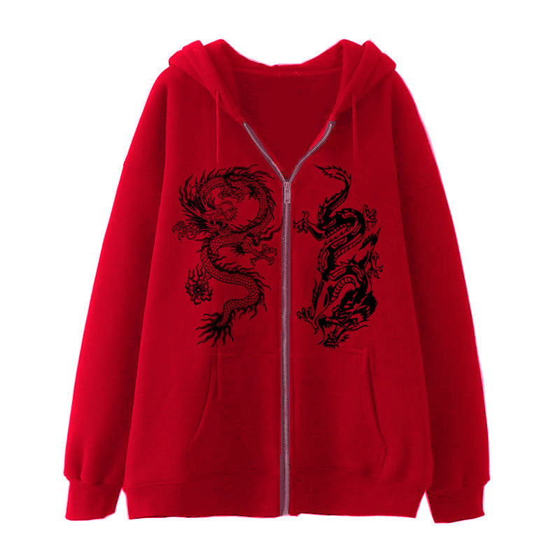 Kapuzenpullover mit Drachenprint und Reißverschluss