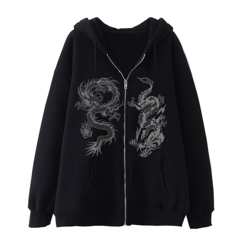 Kapuzenpullover mit Drachenprint und Reißverschluss