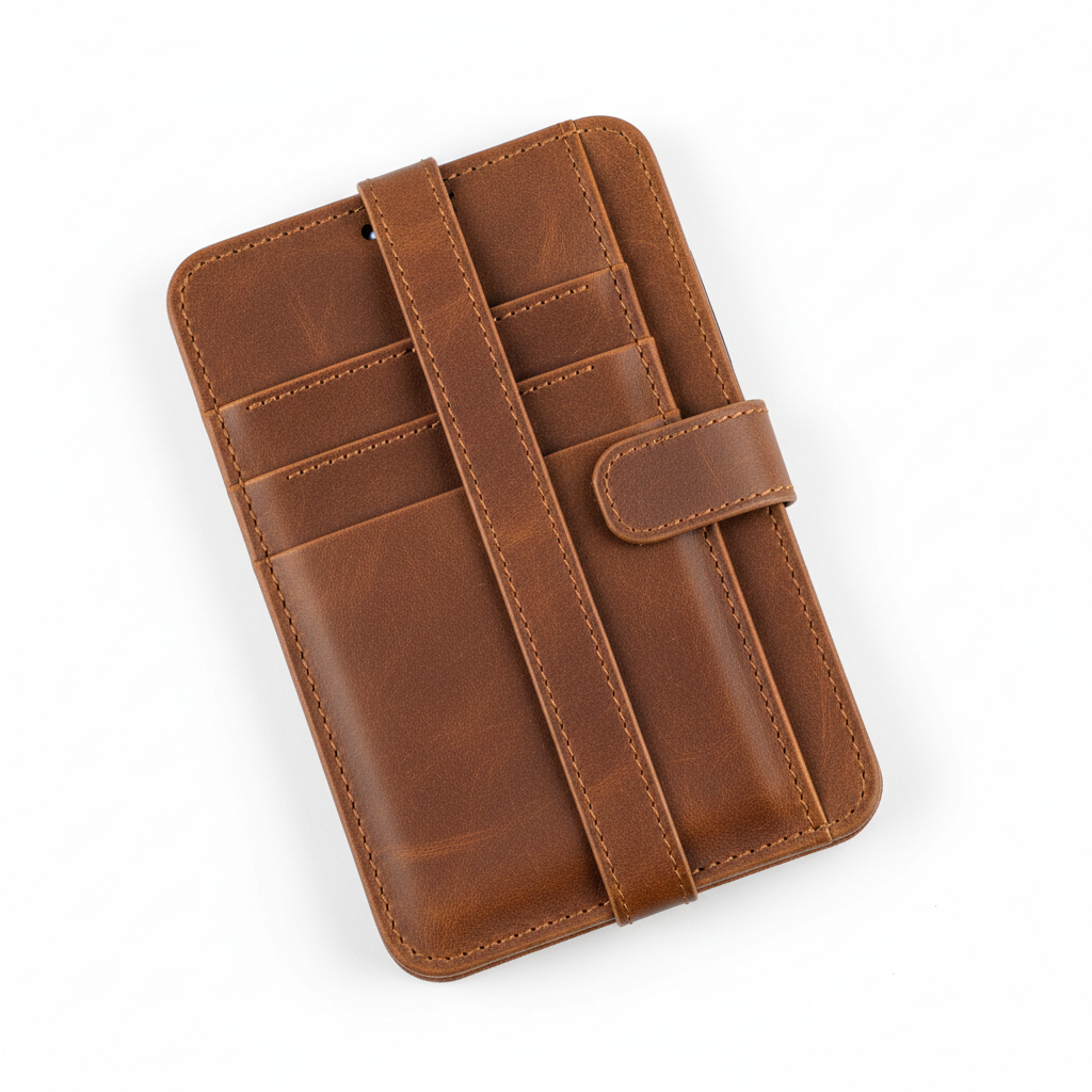 Coque portefeuille rétro en cuir brun sur fond blanc